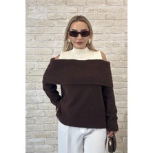 Muna Boutique Kahverengi Balıkçı Yaka Degaje Yaka Detaylı Kadın Kazak