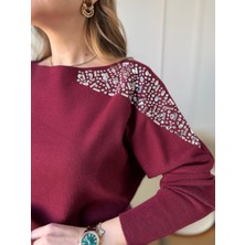 Size Özgü Bordo Omuz Taşlı Triko