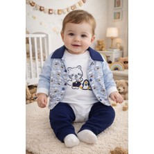 Kedi Süzene Nakışlı Yakalı 3'lü Bebek Takımı