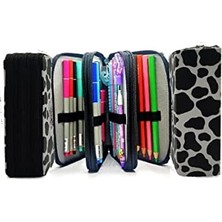 Kalem Kutusu Inek Desenli Kawai Organizer Kalemkutu Vegan Deri Üç Bölmeli Kalemlik - Siyah