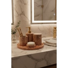 Deconore Traverten Mermer Banyo Seti 5’li – El Yapımı Doğal Taş Banyo Aksesuar ve Dekorasyon Seti (Pembe)