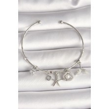 Pazarcan Pirinç Gümüş Renk Sallantı Zirkon Taşlı Deniz Yıldız Figür Balık Kuyruğu Detay Charm Kadın Bileklik