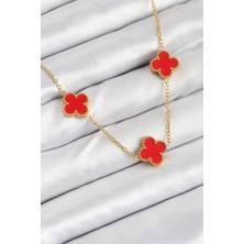 Pazarcan 316L Çelik Zincir Gold Kırmızı Renk Yonca Kadın Kolye