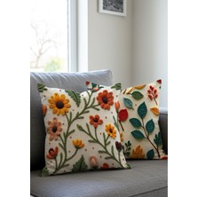 Nakış Desen Dijital Baskılı Çiçek Desenli Kadife Kırlent Kılıfı, 2li Set 43X43 Cm, Gizli Fermuarlı, Sonbahar Renkleri