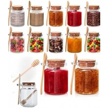 Cam Kavanoz Seti, 350 Ml, Mantar Kapaklı, Ahşap Bal Kaşığı Ile, Mutfak Saklama Kabı (6)