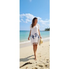 Nevin Acar Istiridye Desen Bambu Peştemal Elbise Yarım Kollu V Yaka Yazlık Plaj Giyim