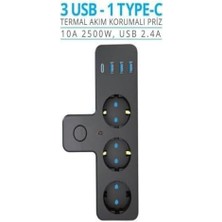 The Wlue 3'lü Akım Korumalı Kablosuz Priz Çoğaltıcı, 2500W, 3 USB 2.4A Port, 20W Type-C Pd Hızlı Şarj