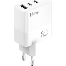 Hkm Tech Gan Multı 65W Usb-A ve 2*type-C Üç Portlu Hızlı Şarj Aleti, Güç Adaptörü, Beyaz