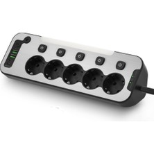 Bağımsız Anahtarlı 5'li Işıklı Akım Korumalı Çoklu Priz, 2x USB - 2x Type-C Giriş, Metal Ön Panel