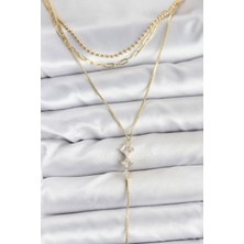 Pazarcan Pirinç Gold Renk Zirkon Taş Detaylı 3'lü Kombin Y Kadın Kolye