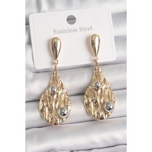 Pazarcan Pirinç Gold Renk Sallantı Damla Model Gümüş Top Detay Kadın Küpe