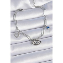 Pazarcan 316L Çelik Gümüş Renk Zirkon Taşlı Göz Figür Kalp Detay Kadın Bileklik