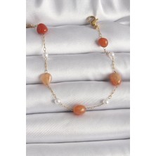 Pazarcan 316L Çelik Gold Renk Zincir Turuncu Doğaltaş Model Inci Detay Kadın Bileklik