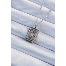 Pazarcan 316L Çelik Zincir Eskitme Gümüş Renk Pembe Mineli Kalp Figürlü Tarot Kolye