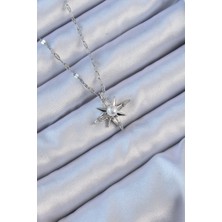 Pazarcan 316L Çelik Zincir Gümüş Renk Baget Taşlı Inci Detay Kutup Yıldızı Kolye