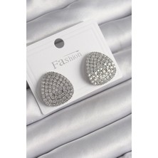 Pazarcan Pirinç Gümüş Renk Zirkon Taşlı Plaka Model Kadın Küpe