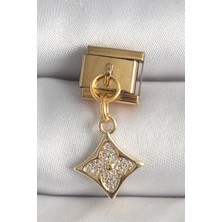 Pazarcan 316L Çelik Gold Renk Sallantı Zirkon Taşlı Çiçek Işlemeli Nomination Charm