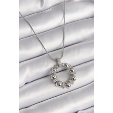 Pazarcan 316L Çelik Gümüş Renk Zincir Zirkon Taş Detaylı Bombeli Halka Model Kadın Kolye