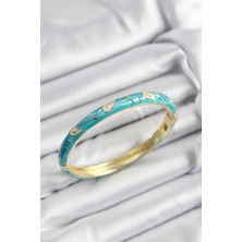 Pazarcan Mineli Pirinç Krem ve Turkuaz Yaprak Motifli Gold Renk Kadın Kelepçe