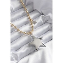 Pazarcan Pirinç Gold Renk Topçuk Zincir Gümüş 3D Yıldız Model Yıldız Detay Vi̇p Kadın Kolye