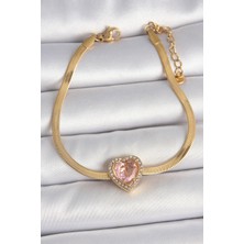 Pazarcan 316L Çelik Gold Renk Italyan Zincir Pembe Zirkon Taşlı Kalp Model Kadın Bileklik