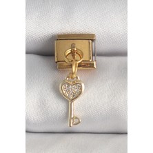Pazarcan 316L Çelik Gold Renk Sallantı Zirkon Taşlı Kalpli Anahtar Model Nomination Charm