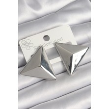 Pazarcan Pirinç Gümüş Renk 3D Üçgen Model Kadın Küpe