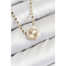 Pazarcan Pirinç Zirkon Taşlı Yonca Model Ezme Zincir Gold Renk Kadın Kolye
