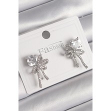 Pazarcan Pirinç Gümüş Renk Zirkon Taşlı Kurdele Model Kadın Küpe