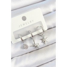 Pazarcan Pirinç Zirkon Taşlı Kutup Yıldızı Model Gümüş Renk 3'lü Çift Kadın Küpe Set