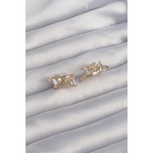 Pazarcan Pirinç Gold Renk Iri Zirkon Taşlı Kıvrımlı Kelebekli Halka Küpe