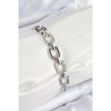 Pazarcan Pirinç Zirkon Taşlı Parçalı Zincir Model Gümüş Renk Kadın Bileklik