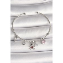 Pazarcan Pirinç Gümüş Renk Sallantı Zirkon Taşlı Ayıcık Figür Kırmızı Taş Detay Charm Kadın Bileklik