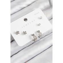 Pazarcan Pirinç Zirkon Taşlı Halka Model Gümüş Renk 925 Ayar Gümüş Çivi Kadın Küpe Set