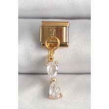 Pazarcan 316L Çelik Gold Renk Sallantı Zirkon Taşlı Kurdele Model Nomination Charm