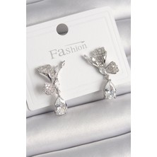 Pazarcan Pirinç Gümüş Renk Zirkon Taşlı Turna Kuşu Model Sallantı Detay Kadın Küpe