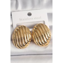 Pazarcan Pirinç Gold Renk Işlemeli Oval Model Kadın Küpe