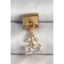 Pazarcan 316L Çelik Gold Renk Sallantı Zirkon Taşlı Kiraz Model Nomination Charm