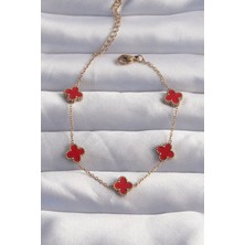 Pazarcan 316L Çelik Baby Boy Gold Renk Kırmızı Mineli Yonca Bileklik