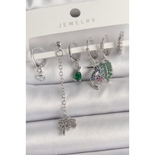 Pazarcan Pirinç Gümüş Renk Sallantı Zirkon Taşlı Ağaç Figür Çoklu Kadın Küpe Seti