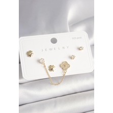 Pazarcan 925 Ayar Gümüş Çivi Pirinç Gold Renk Zirkon Taşlı Yonca Model Sallantı Zincir Detay Kadın Küpe Seti