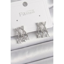 Pazarcan Pirinç Gümüş Renk Zirkon Taşlı x Model Sallantı Detay Kadın Küpe