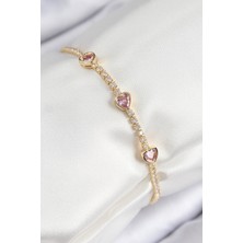 Pazarcan Pirinç Zirkon Taşlı Pembe Kalp Model Gold Renk Kadın Bileklik