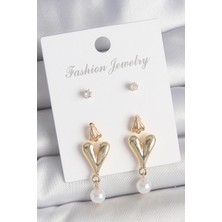 Pazarcan Pirinç Gold Renk Zirkon Taşlı Incili Sallantılı Kalp Model 3 Çift Kadın Küpe Seti