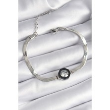 Pazarcan 316L Çelik Gümüş Renk Zirkon Taşlı Italyan Zincir Model Kadın Bileklik