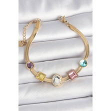 Pazarcan 316L Çelik Gold Renk Italyan Zincir Renkli Zirkon Taşlı Kadın Bileklik