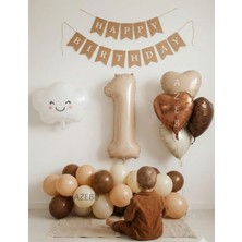 Azebu 1 Yaş Retro Doğum Günü Seti; Krem Rakam Folyo, Banner, Kalp Folyo ve Lateks Balon