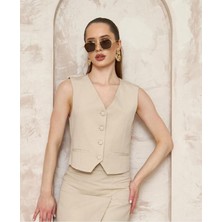 La Pante V Yaka Vücuda Oturan Bej Yelek