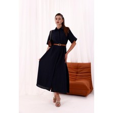 La Pante Önden Düğmeli Kemerli Gömlek Elbise