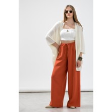 La Pante Kemer Lastikli ve Bağcıklı Geniş Paça Müslin Pantolon